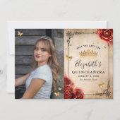 Elegante Rote Rose Black and Gold Foto Quinceanera Save The Date (Vorderseite)