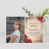 Elegante Rote Rose Black and Gold Foto Quinceanera Save The Date (Stehend Vorderseite)
