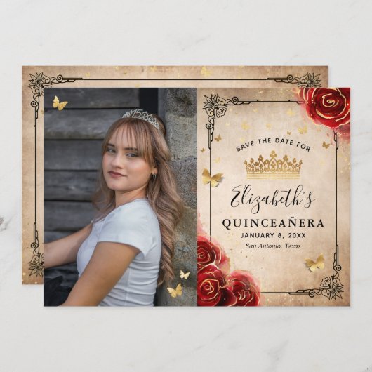 Elegante Rote Rose Black and Gold Foto Quinceanera Save The Date (Vorne/Hinten)