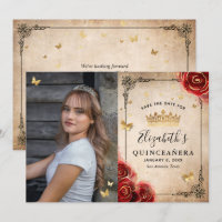 Elegante Rote Rose Black and Gold Foto Quinceanera
