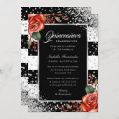 Elegante Rote Rose Black Silver Confetti Quinceañe Einladung (Vorne/Hinten)