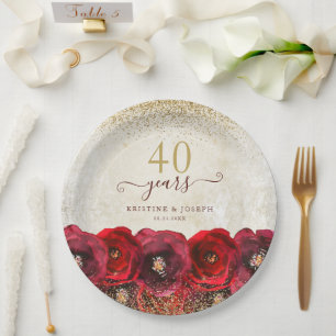 Elegante Rote Rose Bläsergolden 40-jähriges Jubilä Pappteller