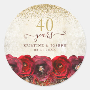 Elegante Rote Rose Bläsergolden 40-jähriges Jubilä Runder Aufkleber