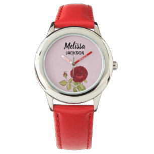 Elegante rote Rose Blume rosa Armbanduhr