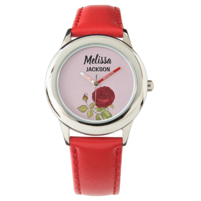 Elegante rote Rose Blume rosa Armbanduhr (Vorderseite)