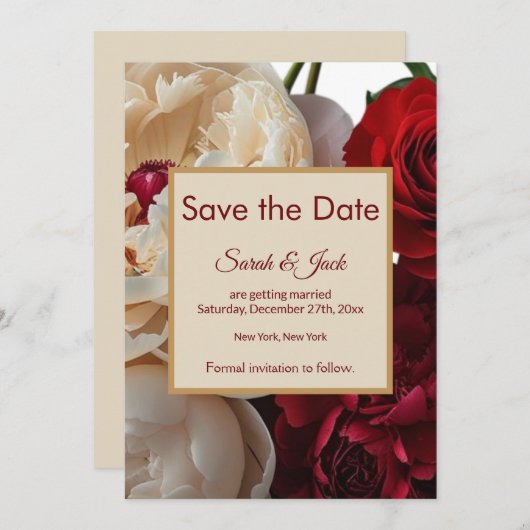 Elegante Rote Rose & Cream Peony Save The Date (Vorne/Hinten)