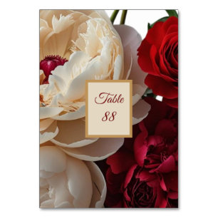 Elegante Rote Rose & Cream Peony Table Card Tischnummer