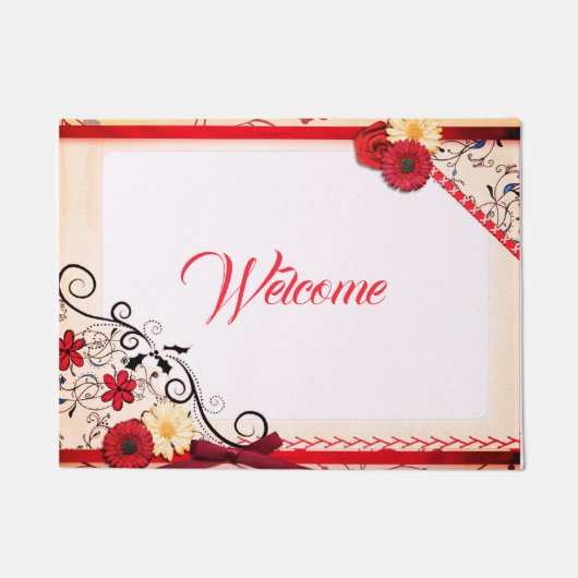 Elegante Rote Rose Crimson Border Black Ornamental Fußmatte (Vorderseite)