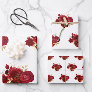 Elegante Rote Rose Floral Geschenkpapier Set