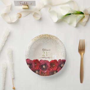 Elegante Rote Rose Floral Gold 21. Geburtstag Part Pappteller
