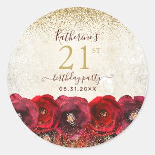 Elegante Rote Rose Floral Gold 21. Geburtstag Part Runder Aufkleber