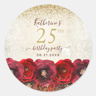 Elegante Rote Rose Floral Gold 25. Geburtstagspart Runder Aufkleber