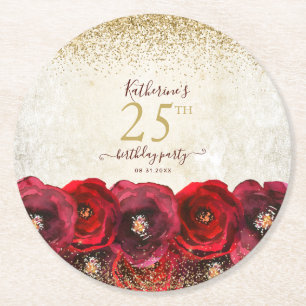 Elegante Rote Rose Floral Gold 25. Geburtstagspart Runder Pappuntersetzer