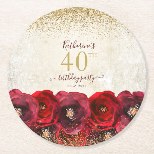 Elegante Rote Rose Floral Gold 40. Geburtstag Part Runder Pappuntersetzer