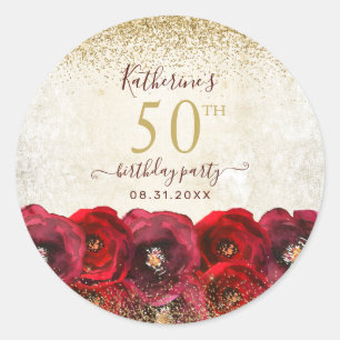 Elegante Rote Rose Floral Gold 50. Geburtstagspart Runder Aufkleber