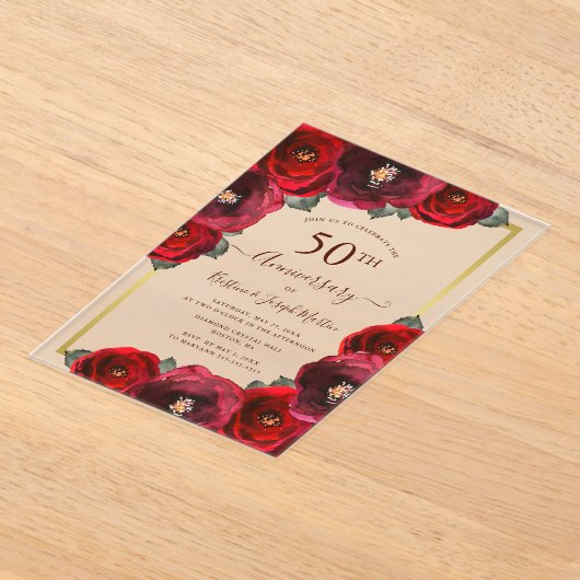 Elegante Rote Rose Floral Gold 50 Jahre Jubiläum Acryleinladungen (Ablage )