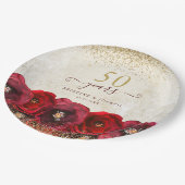 Elegante Rote Rose Floral Gold 50 Jahre Jubiläum Pappteller (Schrägansicht)