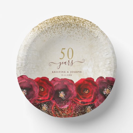 Elegante Rote Rose Floral Gold 50 Jahre Jubiläum Pappteller (Vorderseite)