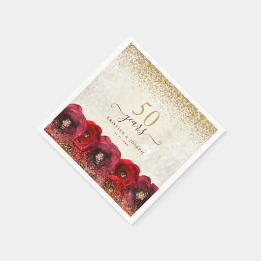 Elegante Rote Rose Floral Gold 50 Jahre Jubiläum Serviette (Ecke)