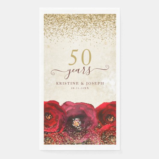 Elegante Rote Rose Floral Gold 50 Jahre Jubiläum Serviette (Vorderseite)
