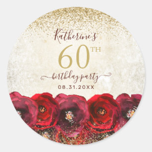 Elegante Rote Rose Floral Gold 60. Geburtstagspart Runder Aufkleber