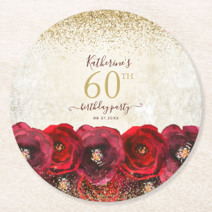 Elegante Rote Rose Floral Gold 60. Geburtstagspart Runder Pappuntersetzer