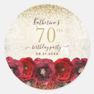 Elegante Rote Rose Floral Gold 70. Geburtstagspart Runder Aufkleber