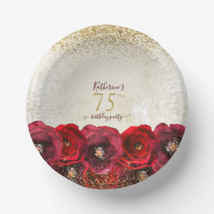 Elegante Rote Rose Floral Gold 75. Geburtstagspart Pappteller