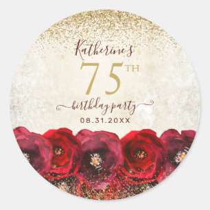 Elegante Rote Rose Floral Gold 75. Geburtstagspart Runder Aufkleber