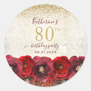 Elegante Rote Rose Floral Gold 80. Geburtstagspart Runder Aufkleber