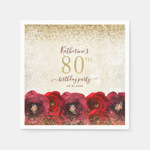 Elegante Rote Rose Floral Gold 80. Geburtstagspart Serviette