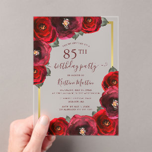 Elegante Rote Rose Floral Gold 85. Geburtstagspart Acryleinladungen