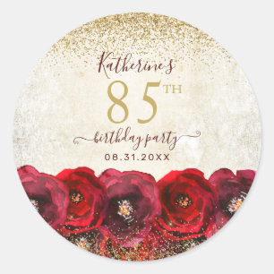 Elegante Rote Rose Floral Gold 85. Geburtstagspart Runder Aufkleber