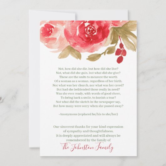 Elegante Rote Rose floral in Love Memory Beerdigun Dankeskarte (Rückseite)
