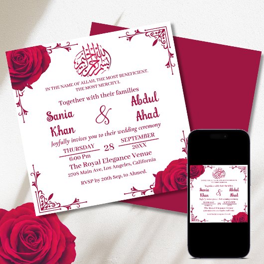 Elegante Rote Rose florale islamische Hochzeit Einladung