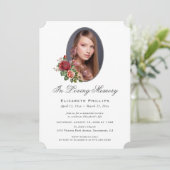 Elegante Rote Rose Florales Foto Memorial Einladung (Stehend Vorderseite)