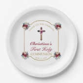 Elegante Rote Rose Gold Cross 1. Heilige Kommune Pappteller (Vorderseite)