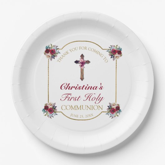 Elegante Rote Rose Gold Cross 1. Heilige Kommune Pappteller (Vorderseite)