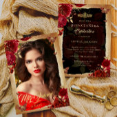 Elegante Rote Rose Gold Floral Foto Quinceanera Folieneinladung