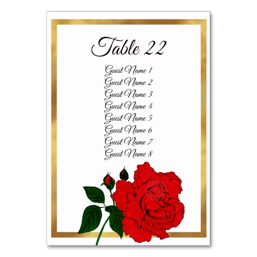 Elegante Rote Rose Gold Frame Wedding Card Tischnummer (Vorderseite)