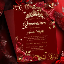 Elegante Rote Rose Goldene Swirl Quinceanera