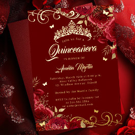 Elegante Rote Rose Goldene Swirl Quinceanera Folieneinladung