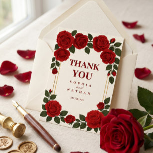 Elegante Rote Rose & Goldrahmen Hochzeit Vielen Da Dankeskarte
