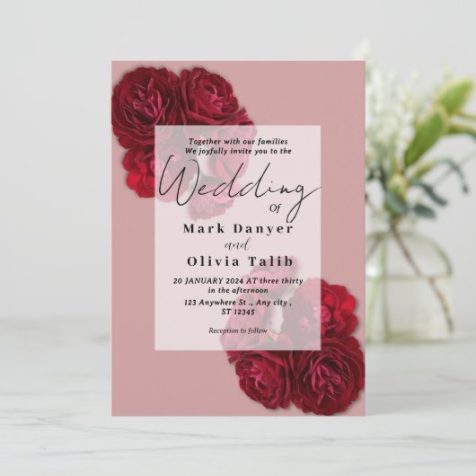 Elegante Rote Rose Hochzeit Einladung - Romantisch (Stehend Vorderseite)