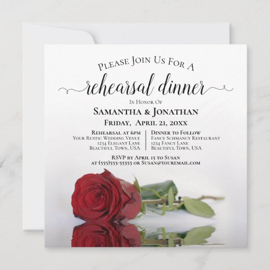 Elegante Rote Rose Hochzeit, Probe und Abendessen Einladung (Vorderseite)