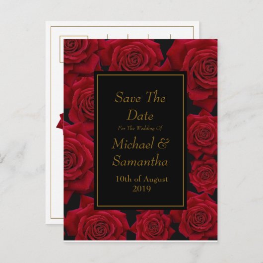 Elegante Rote Rose - Hochzeit speichert das Datum Ankündigungspostkarte (Vorne/Hinten)