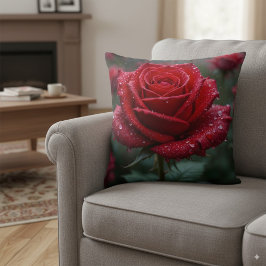 Elegante Rote Rose im Regen - Lebhafte Blüte Kissen