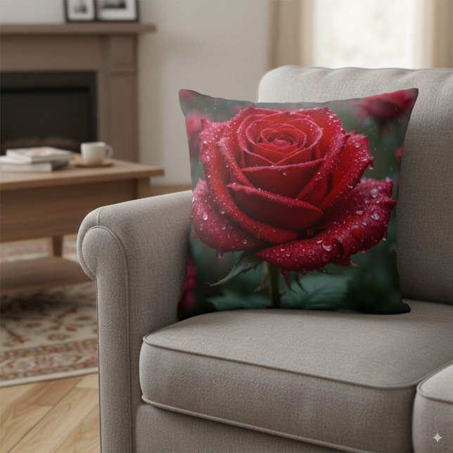 Elegante Rote Rose im Regen - Lebhafte Blüte Kissen (Von Creator hochgeladen)