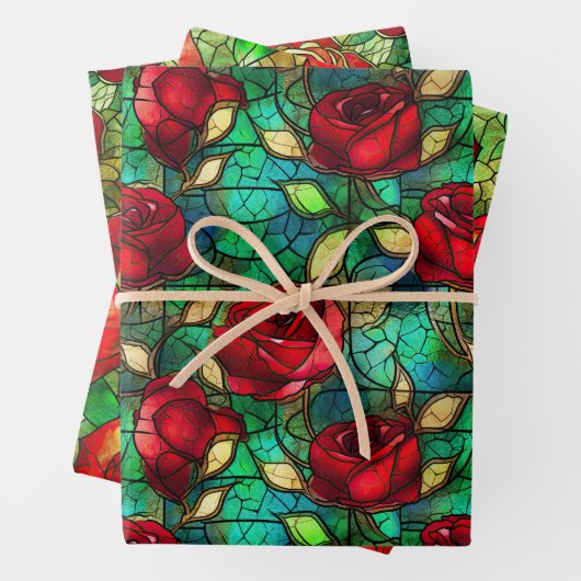 Elegante Rote Rose Imitate gestanztes Glasmuster Geschenkpapier Set (Beispiel)