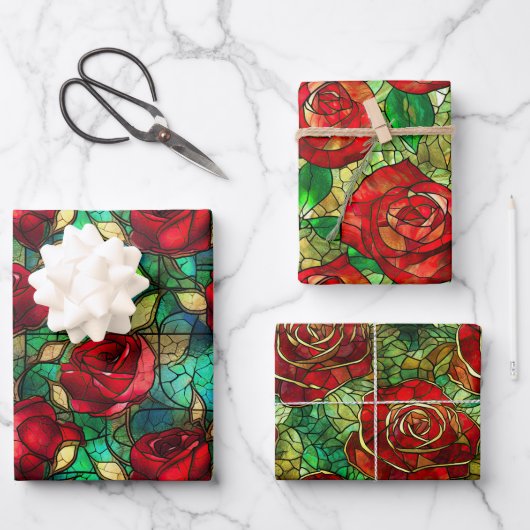 Elegante Rote Rose Imitate gestanztes Glasmuster Geschenkpapier Set (Vorderseite)